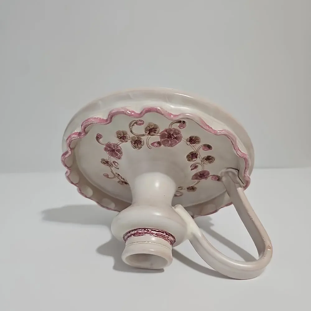 Hand Painted Ceramic Chamberstick Candle Holder Pink Scallop Edge Floral Motif